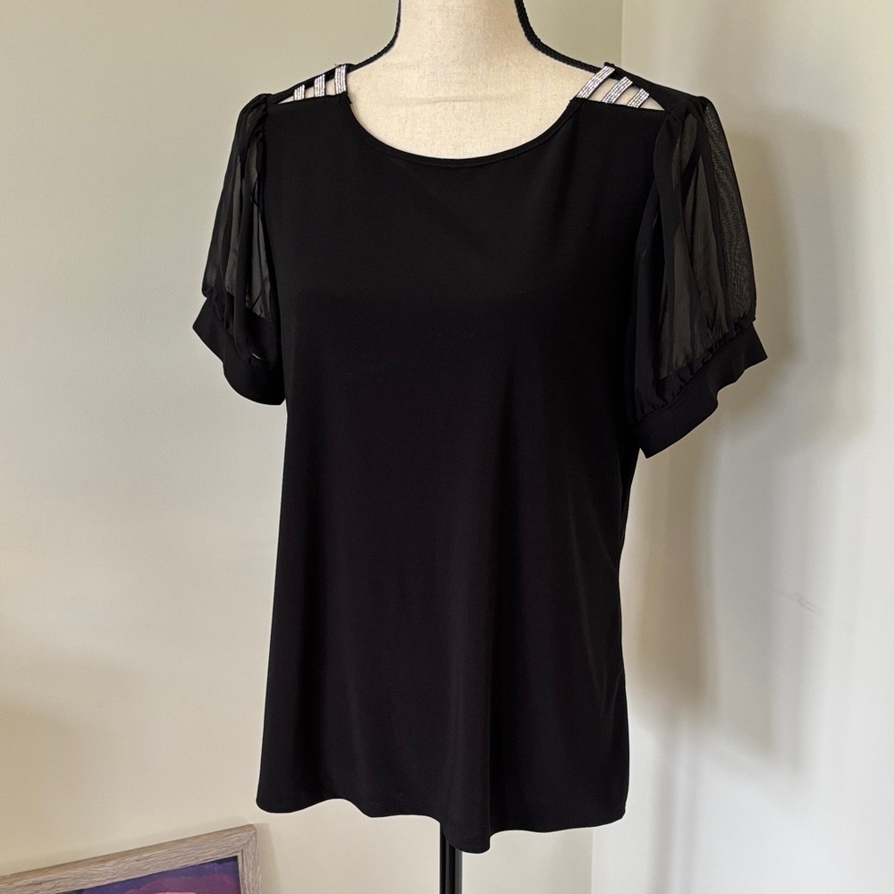 Chic Black Blouse with Sheer Sleeves